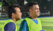 Spotted: Dhoni, Paes playing football in Mumbai