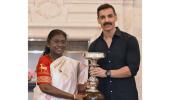 PIX: Durand champs NEUFC honoured by President Murmu