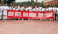 Oppn MPs protest in T-shirts featuring '124-year-old Minta Devi'