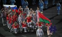 Belarus delegate carries Russian flag during Rio opening ceremony