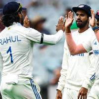 India's players celebrate a wicket during Day 2