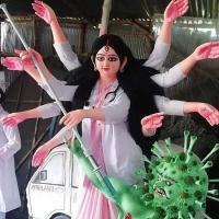 Ma Durga as the Covid slayer at a pandal in Kolkata