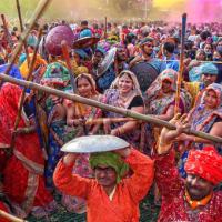 Devotees celebrate 'Lathmar Holi' in Mathura
