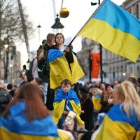 The Ukranian national flag with its blue and yellow strips are a familiar sight world over now