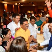 Devendra Fadnavis with with party workers in Mumbai yesterday