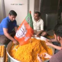 Motichoor laddoos being prepared for distribution by BJP workers in Mumbai