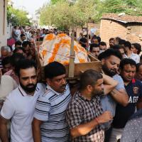 KP Rahul Bhat's body being taken for cremation