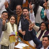 Shelly Oberoi flashes the victory sign