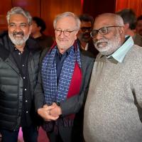 Filmmaker SS Rajamouli with Hollywood director Steven Spielberg and music director MM Keeravani/Twitter