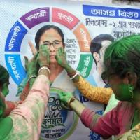 TMC supporters celebrate their victory in the panchayat elections