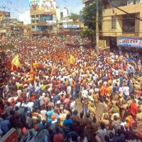 Members of a Hindu outfit stage protests in Kolhapur