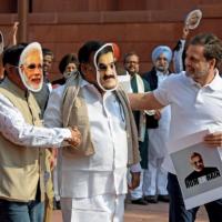 Oppn MPs wear masks of Modi, Adani as Rahul does a mock interview