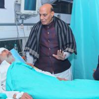 Defence Minister Rajnath Singh checks on BJP MP Pratap Sarangi, who sustained injuries on Parliament premises/ANI Photo