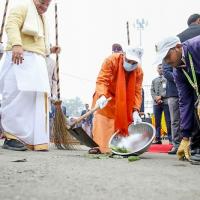 UP Chief Minister Yogi Adityanath participates in a cleanliness drive ahead of the Pran Pratishtha ceremony of Ram temple, in Ayodhya./ANI Photo