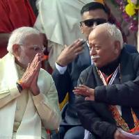 PM Narendra Modi and RSS chief Mohan Bhagwat during the 'pran pratishtha' ceremony of the Ram temple/ANI Photo