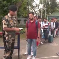 Indian students from Bangladesh arrive through check post in Agartala/ANI on X