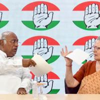 Mallikarjun Kharge and Sonia Gandhi at the Congress presser yesterday