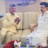 Stalin meets N Chandrababu Naidu at New Delhi airport/ANI Photo