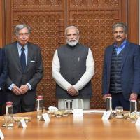 PM Narendra Modi with business leaders RIL chairman Mukesh Ambani, Tata Group patriarch Ratan Tata, chairman of the Mahindra Group Anand Mahindra, Adani Group chief Gautam Adani in New Delhi/ANI photo