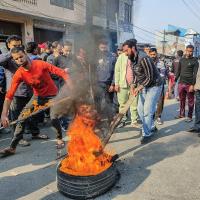 Sanatan Dharm Sabha activists protest the killing of two VDGs, in Kishtwar, J-K on Friday/ANI Photo