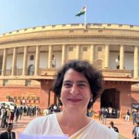 Priyanka Gandhi Vadra outside Parliament yesterday