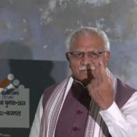 Union minister Manohar Lal Khattar after casting his vote at a polling station in Karnal in Haryana/ANI on X