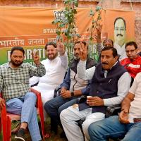 BJP leaders watch the election results. Pic: Umar Ganie