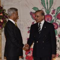 EAM S Jaishankar and Pakistan PM Shehbaz Sharif shake hands in Islamabad/ANI on X