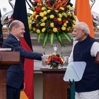 PM Narendra Modi and German Chancellor Olaf Scholz greet each other during a joint press statement in New Delhi on Friday/Rahul Singh/ANI Photo