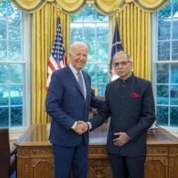 India's ambassador to the US Vinay Mohan Kwatra and US President Joe Biden/Courtesy @AmbVMKwatra on X