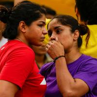 Sakshee Malikkh and Vinesh Phogat at the protest site. File pic