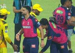 Suryavanshi touches Dhoni's feet after stellar knock
