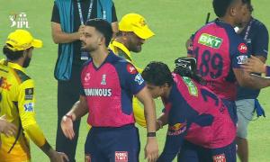 Suryavanshi touches Dhoni's feet after stellar knock