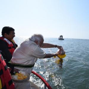 On board a hoverboat, Modi lays foundation for Shivaji memorial