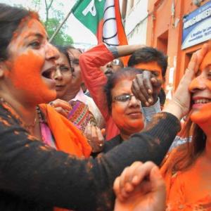 BJP celebrates twin wins with dhol and dance