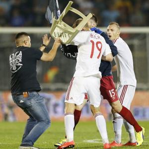 In Pix: Drone stunt causes brawl; Serbia-Albania match abandoned