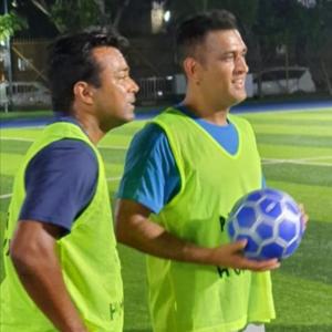 Spotted: Dhoni, Paes playing football in Mumbai