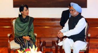 PIX: Suu Kyi meets PM; pays homage at Rajghat, Shantivan