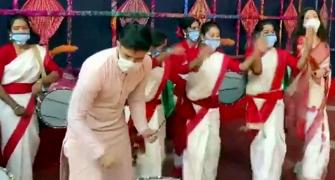 SEE: TMC's Nusrat Jahan dances, plays Dhak