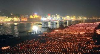 Diyas form 'Batoge to Katoge' slogan at Varanasi ghat