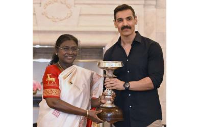 PIX: Durand champs NEUFC honoured by President Murmu