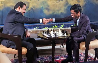Praggnanandhaa plays chess with Gautam Adani