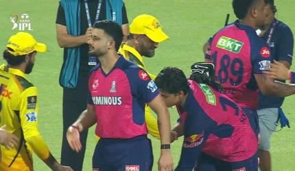 Suryavanshi touches Dhoni's feet after stellar knock