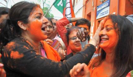 Crackers and colours! BJP celebrates its twin wins