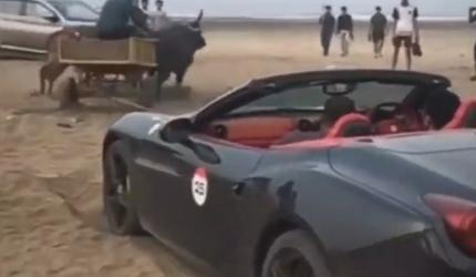 Ferrari stuck on Alibaug beach rescued by bullock cart