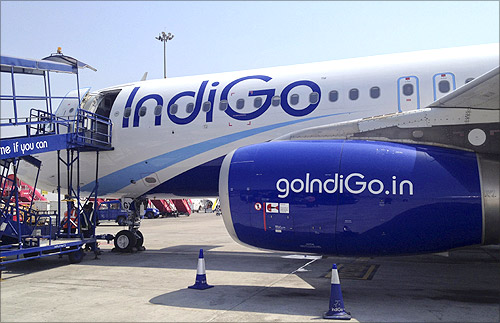 An IndiGo Airlines A320 aircraft is parked on the tarmac at Rajiv Gandhi International Airport in Hyderabad.
