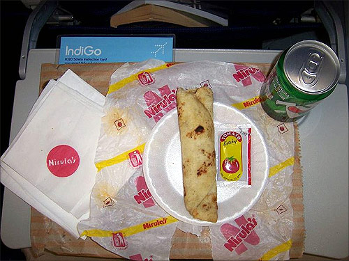 Nirulas kathi roll meal onboard IndiGo airline.