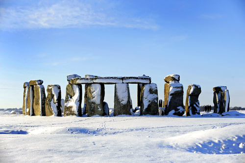 Fallen snow rests on Stonehenge in Salisbury, southern England.