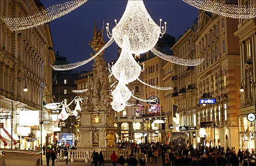 Christmas lights illuminate Vienna's city centre Am Graben.