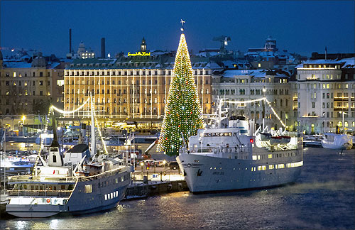 A 36-metre tall Christmas tree is lit up in central Stockholm.
